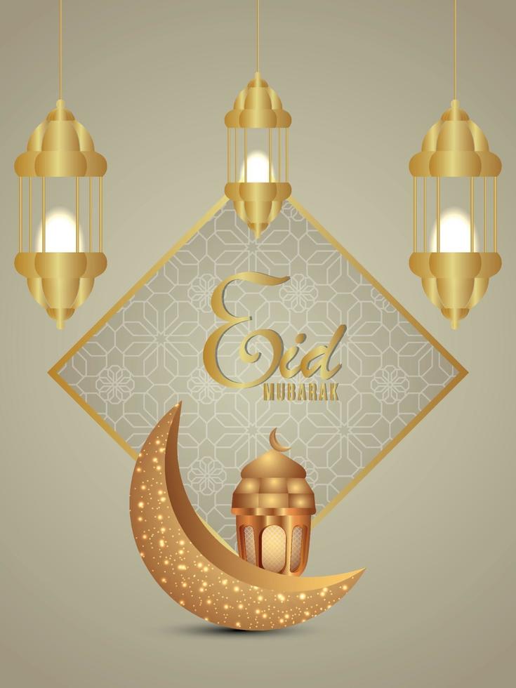 realistischer eid mubarak oder ramadan kareem Hintergrund mit Mond und Laternen vektor