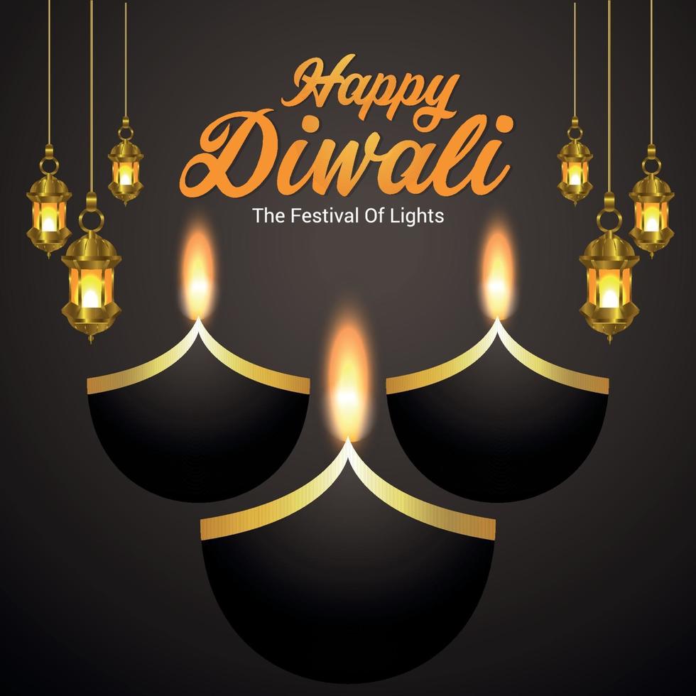 glad diwali indisk festivalinbjudan design med diwali diya oljelampa vektor