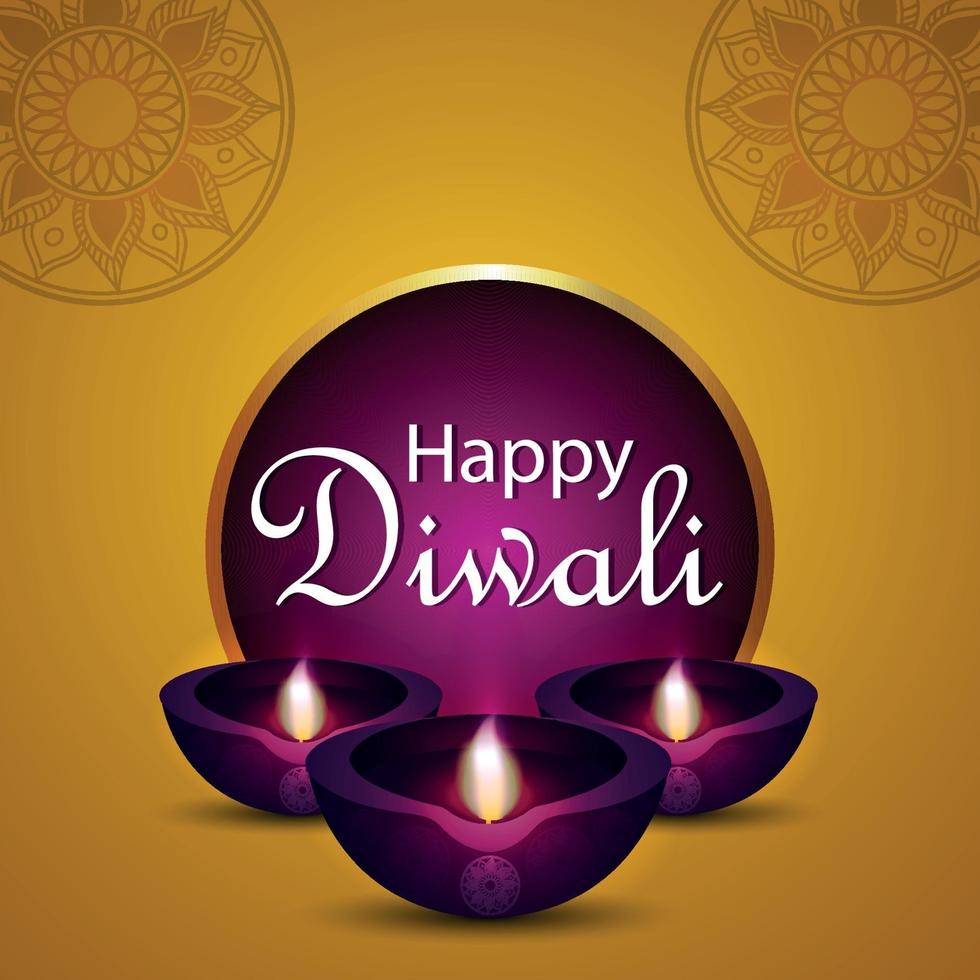glückliche diwali einladungsgrußkarte mit realistischem diwali diya auf gelbem hintergrund vektor