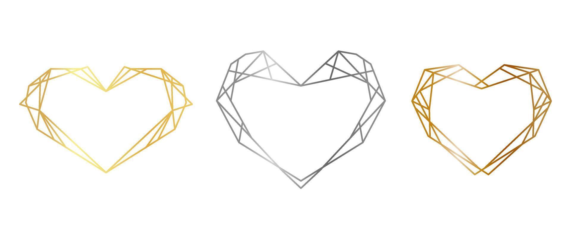 guld, silver, brons konturer av geometrisk hjärtan. vektor polygonal ramar för dekoration hjärtans dag, bröllop inbjudningar och hälsning kort