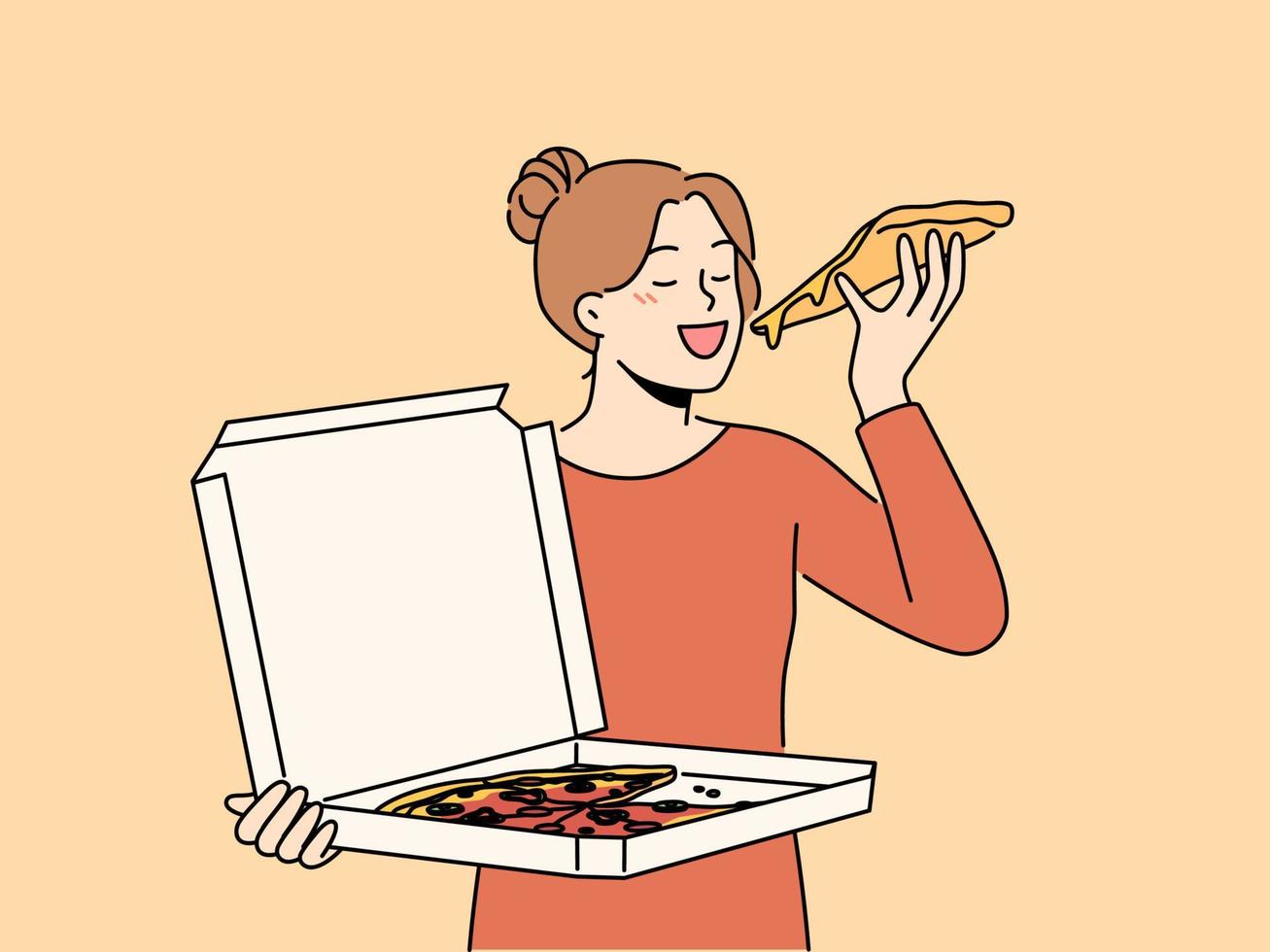 Lycklig kvinna med kartong leverans låda äter gott pizza. leende flicka njut av italiensk snabbmat från restaurang leverans. vektor illustration.