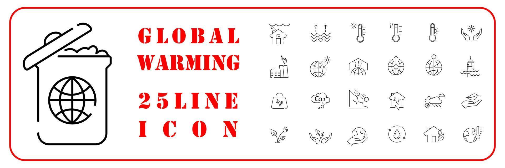 global uppvärmning, katastrof, katastrof ikon uppsättning i tunn linje stil. vektor värld varning ikoner.