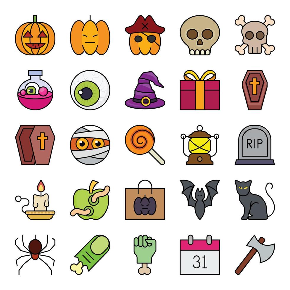 fylld översikt ikoner för halloween festival. vektor