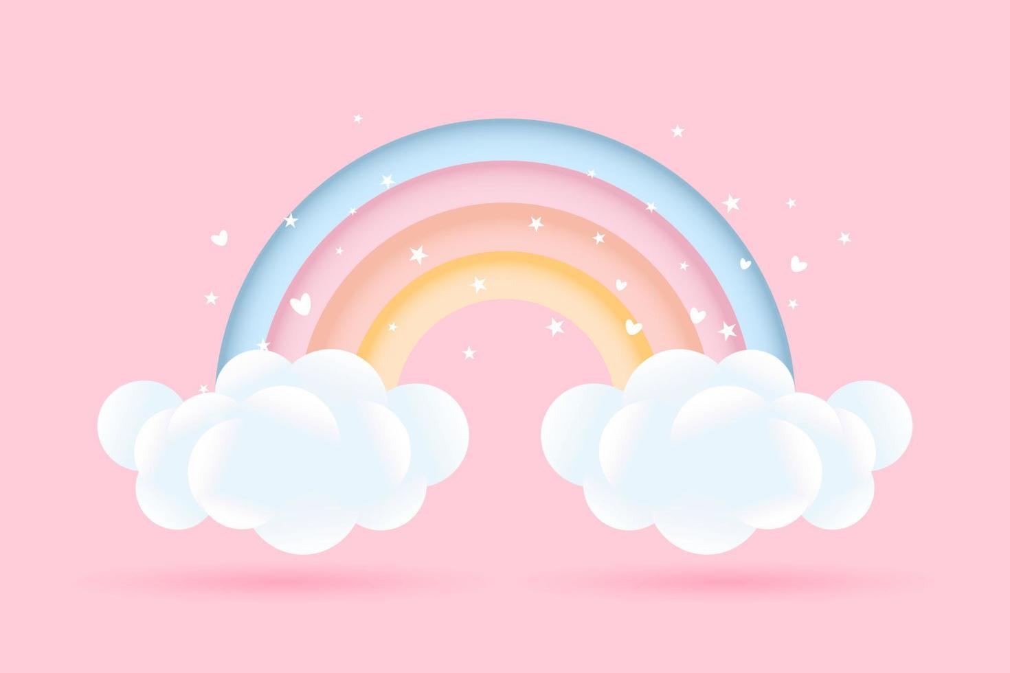 3d Baby Dusche, Regenbogen mit Wolken und Sterne auf ein Rosa Hintergrund, kindisch Design im Pastell- Farben. Hintergrund, Illustration, Vektor. vektor