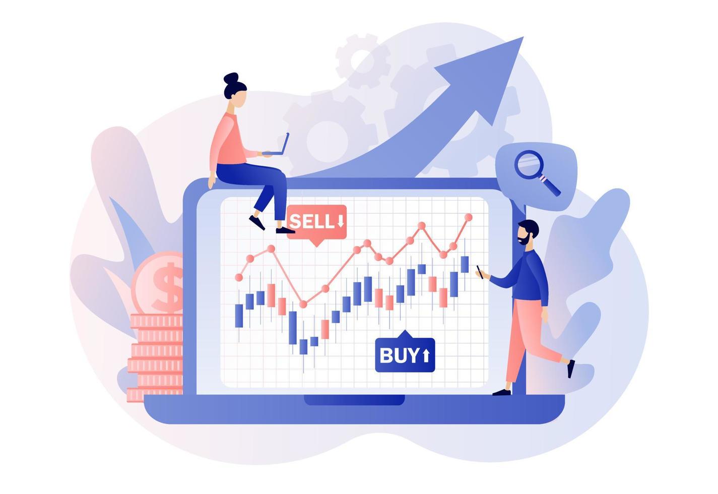 handel uppkopplad. företag, finansiera och handel. mycket liten människor köpa och sälja kryptovaluta, lager och obligationer för forex på bärbar dator. modern platt tecknad serie stil. vektor illustration på vit bakgrund