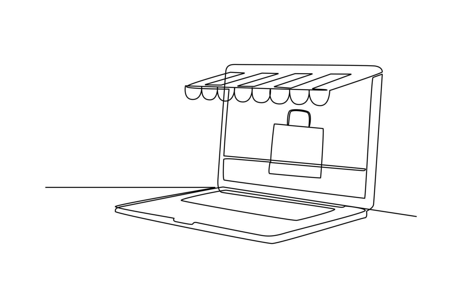 enda ett linje teckning uppkopplad handla med bärbar dator och väska. e-handel begrepp. kontinuerlig linje dra design grafisk vektor illustration.