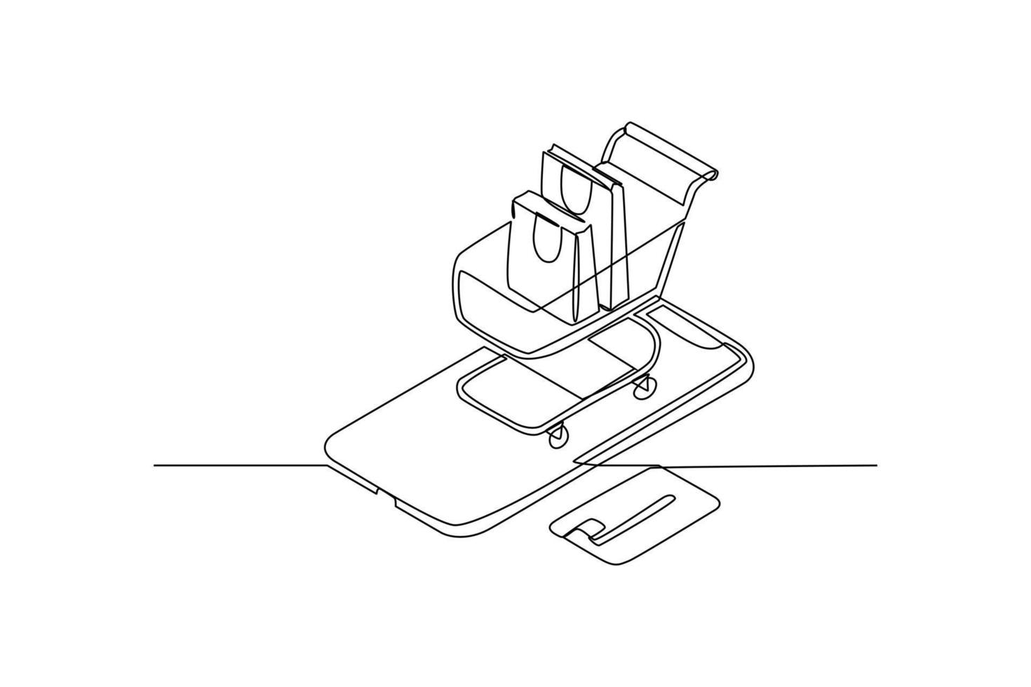 enda ett linje teckning uppkopplad handla med vagn och smartphone. e-handel begrepp. kontinuerlig linje dra design grafisk vektor illustration.