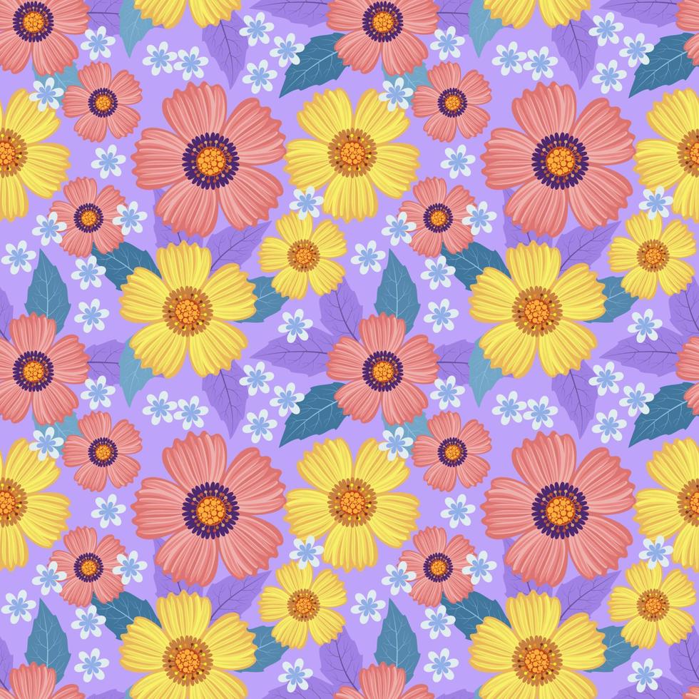 schön Süss bunt Blumen und verlassen Design auf lila Hintergrund nahtlos Muster zum Stoff Textil- Hintergrund. vektor