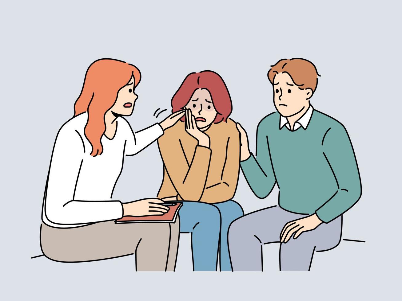 Menschen sitzen im Kreis Teilen Probleme im Gruppe Therapie. Teilnehmer Komfort Unterstützung unzufrieden Weinen Frau beim Beratung Sitzung. Vektor Illustration.