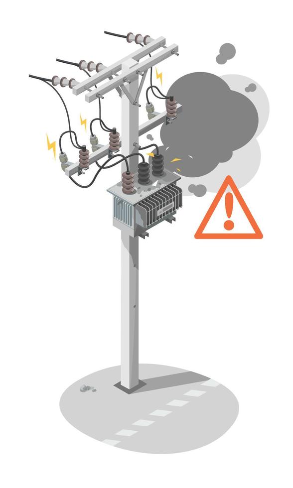 Explosion alt Transformator Problem von Stromspannung Fabrik elektrisch Energie Verteilung Kette Arbeit beim Höhe Reparatur von Leistung Linien isometrisch isoliert Symbole Vektor