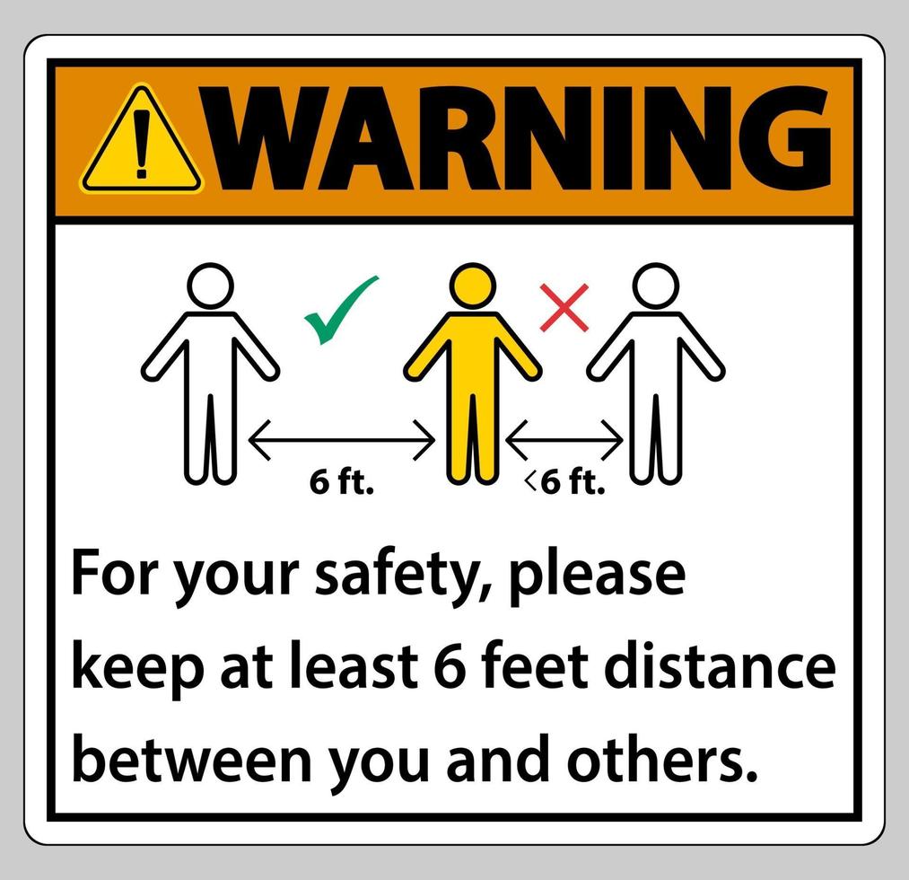 Warnung Halten Sie zu Ihrer Sicherheit einen Abstand von 6 Fuß ein. Bitte halten Sie einen Abstand von mindestens 6 Fuß zwischen Ihnen und anderen Personen ein vektor