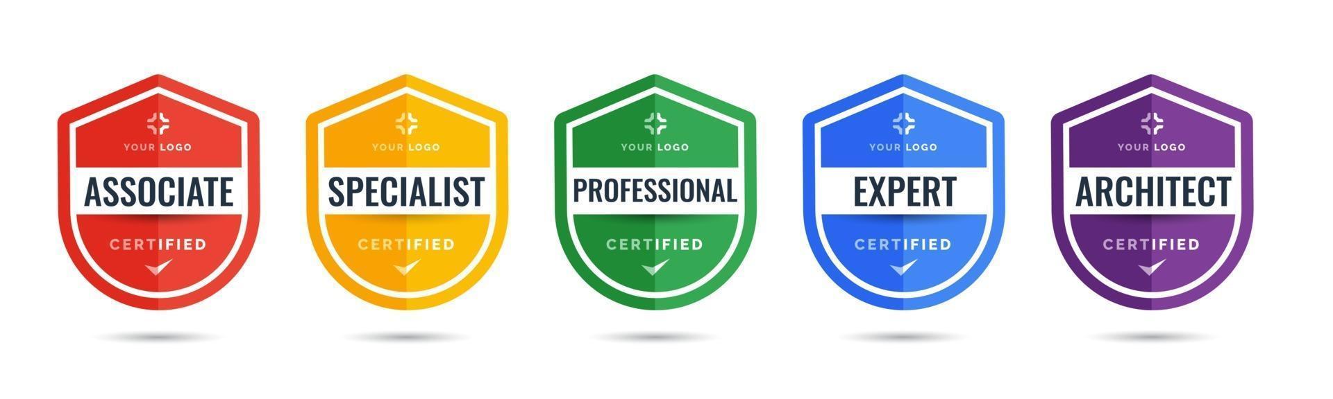certifierad logotypskyltdesign för företagsutbildning av märkescertifikat för att bestämma utifrån kriterier. uppsättning bunt certifiera med färgglada säkerhetsvektorillustration. vektor