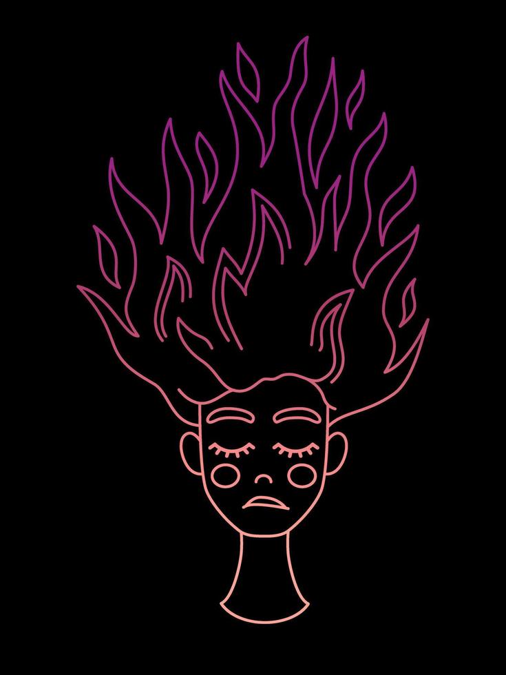 illustration av en ledsen drömma ung kvinna med magisk flytande hår på svart bakgrund. neon illustration av en kvinna med henne hår brinnande. vektor illustration