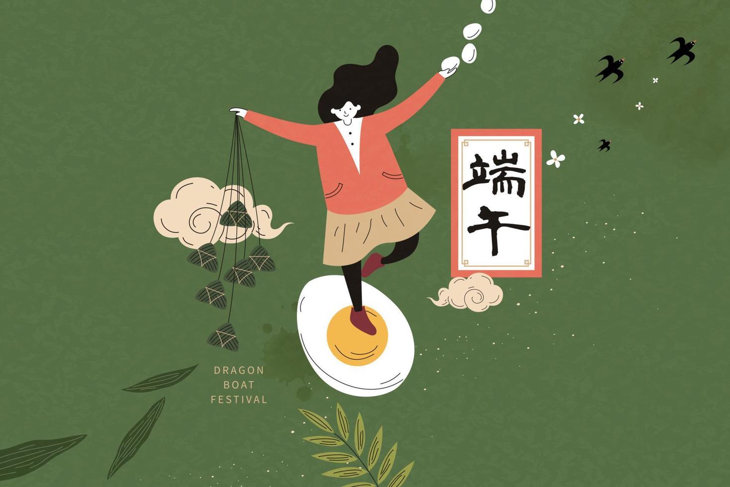Mädchen Stehen auf Ei mit ihr Hände halten Zongzi und Eier Über Grün Hintergrund, duanwu Urlaub Name geschrieben im Chinesisch Wörter vektor