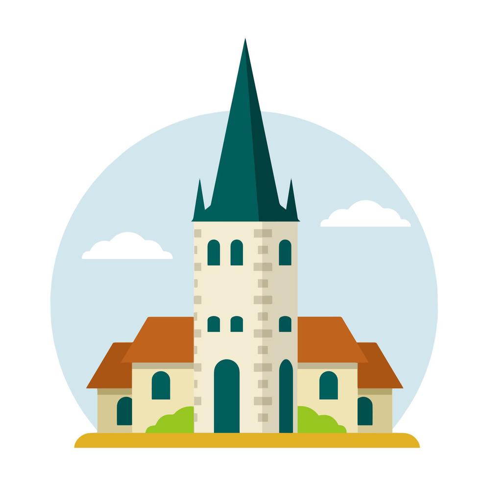 st. olaf kyrka. gammal historisk europeisk stad. kristen tempel. vit torn. element av medeltida stad med hus och röd tak. estniska turist attraktion i tallinn. vektor