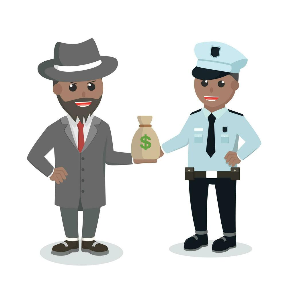 Verbrechen Boss afrikanisch bestechen Polizei mit Geld Design Charakter auf Weiß Hintergrund vektor