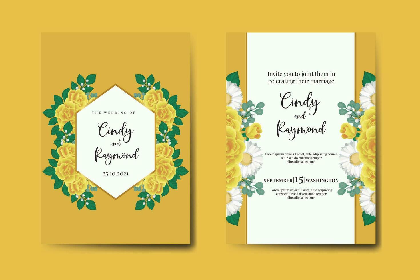 Hochzeit Einladung Rahmen Satz, Blumen- Aquarell Digital Hand gezeichnet Gelb Rose Blume Design Einladung Karte Vorlage vektor