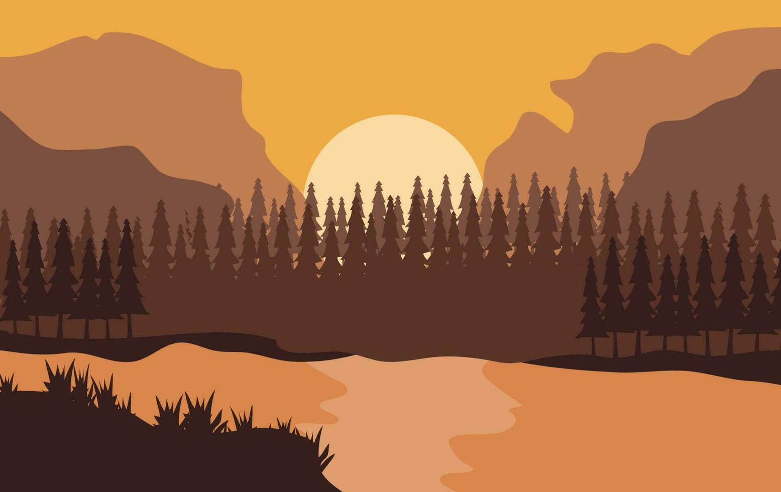 schön Vektor Landschaft Illustration, friedlich Sonnenaufgang Über Berge, Ozean und Wald. reisen, wandern, draußen und Abenteuer Konzept. verwenden wie Hintergrund oder Hintergrund.