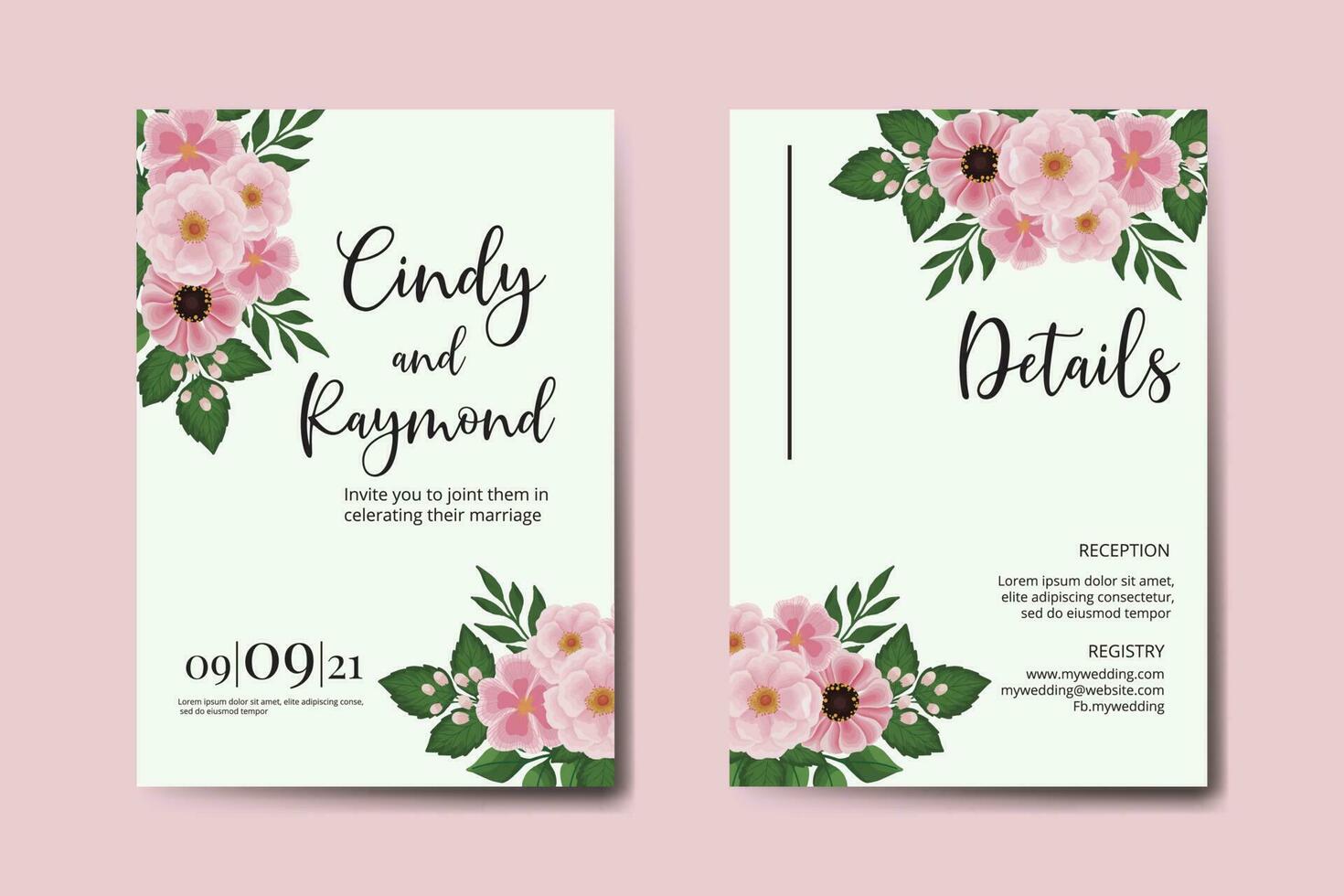 bröllop inbjudan ram uppsättning, blommig vattenfärg digital hand dragen rosa blomma design inbjudan kort mall vektor