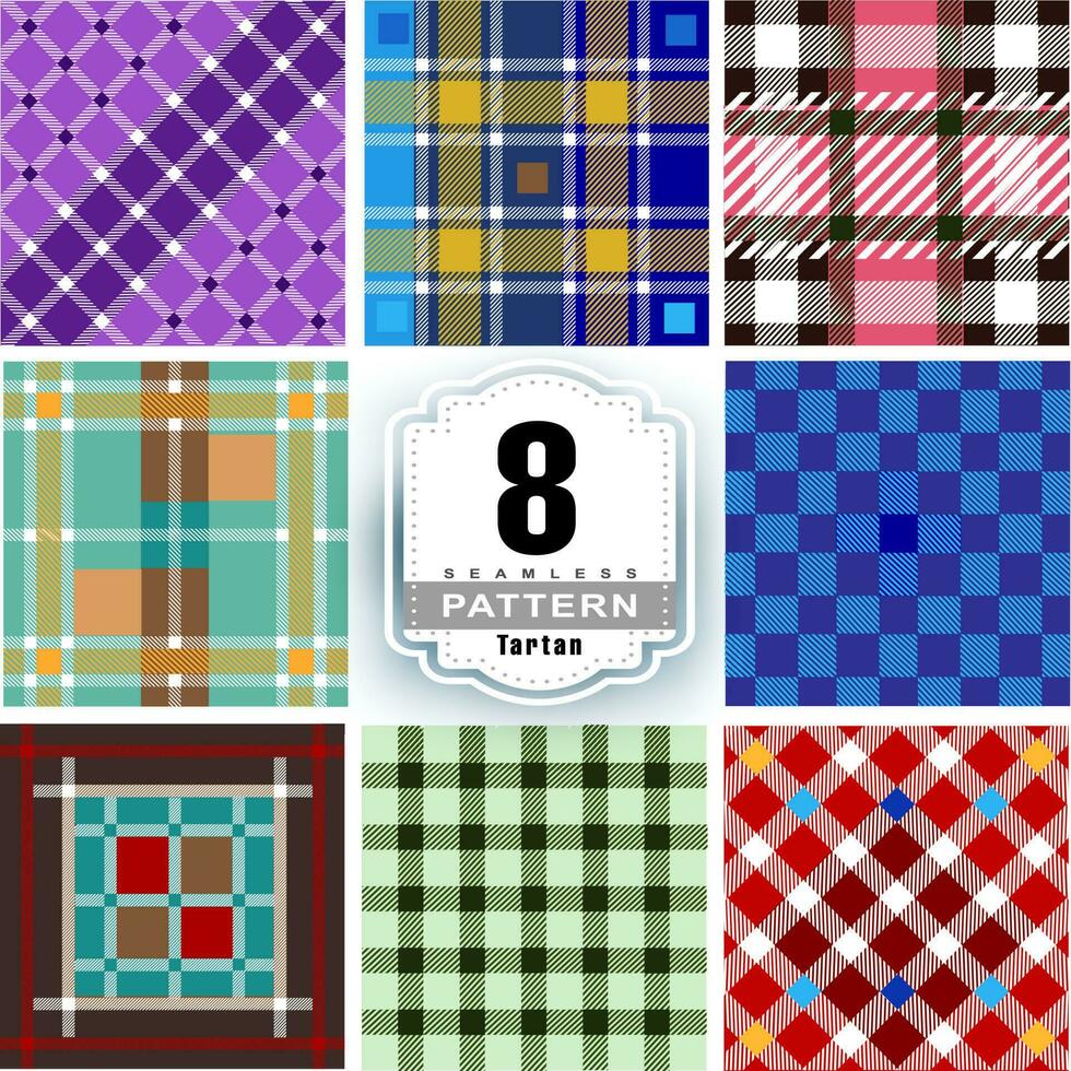 einstellen Tartan Plaid schottisch nahtlos Muster. eben Textil- Stoff Muster Ornament Design. Textur von Schottenstoff, Plaid, Tischdecken, Hemden, Kleidung, Kleider, Bettwäsche, Decken und andere Textil. vektor