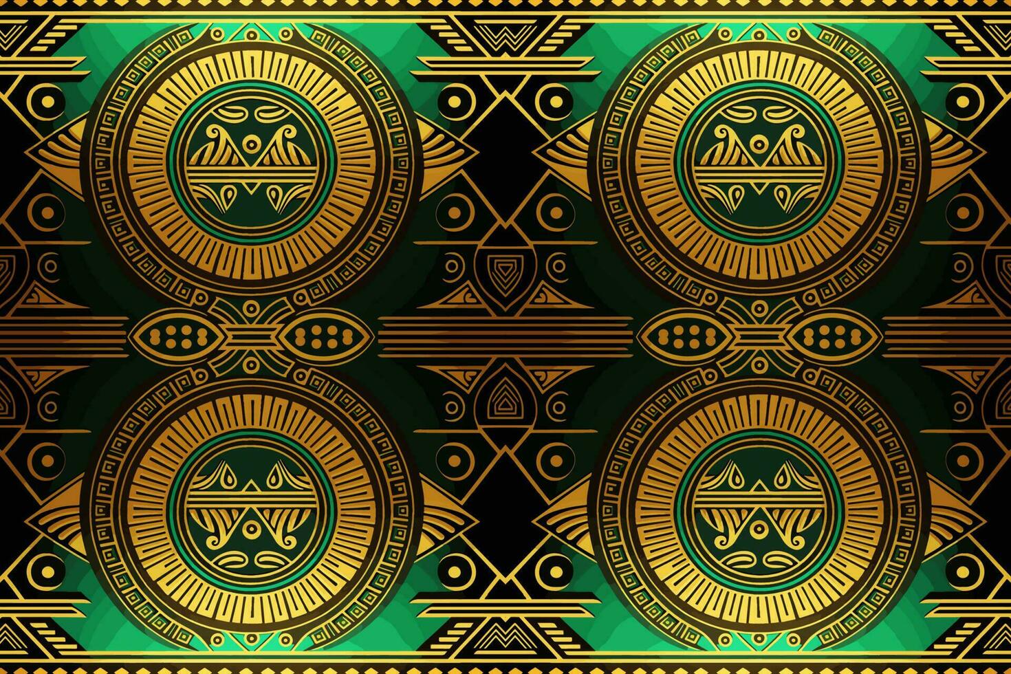 ägyptisch Muster Gold und Grün Hintergrund. abstrakt traditionell Volk uralt Antiquität Stammes- ethnisch Grafik Linie. aufwendig elegant Luxus Jahrgang retro Stil. Textur Textil- Stoff ethnisch Ägypten Muster vektor