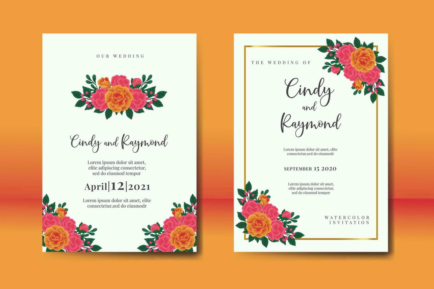 bröllop inbjudan ram uppsättning, blommig vattenfärg digital hand dragen orange reste sig blomma design inbjudan kort mall vektor