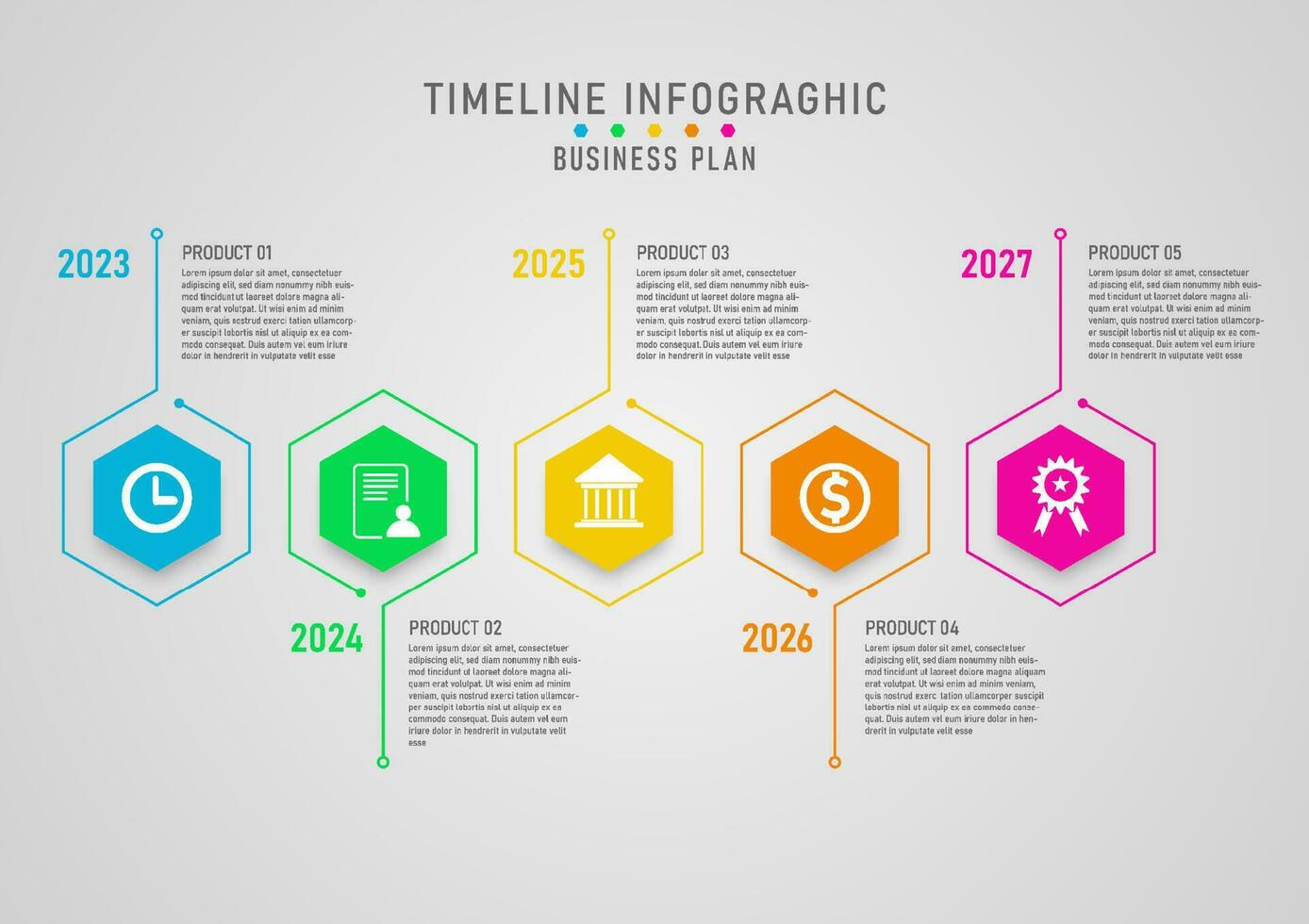 Zeitleiste Infografik multi farbig Sechsecke mit Linien Geschäft und Produkt Wachstum Planung 5 Jahre. mehrere Symbole im das Mitte. grau Gradient Hintergrund entworfen zum Marketing, investieren, Finanzen. vektor