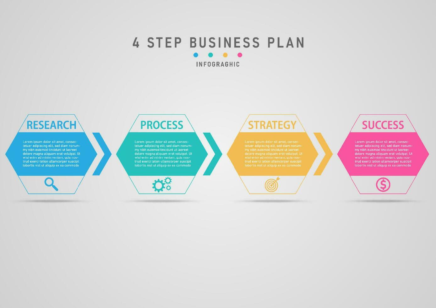 Infografik 4 Schritte zu erfolgreich Geschäft Planung multi farbig Hexagon Pfeile und Symbole grau Gradient Hintergrund Design zum Marketing, Finanzen, Investition vektor