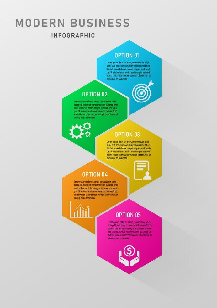 moden Geschäft Infografiken 5 Optionen hell multi farbig Sechsecke mehrere Symbole Design zum Marketing Finanzen Planung Produkt vektor