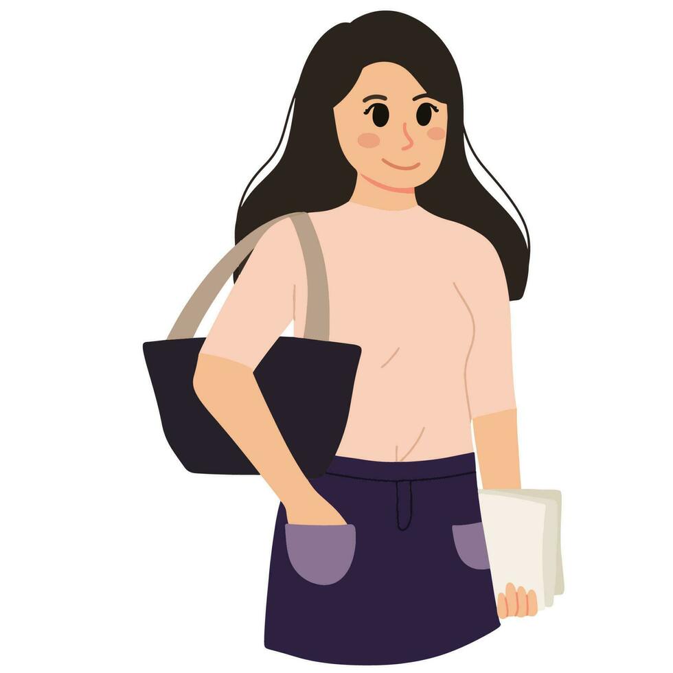 en kvinna studerande bära en tygkassar och innehav papper illustration vektor