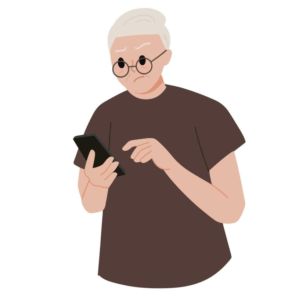 äldre man använder sig av smartphone stor far vit hår illustration vektor