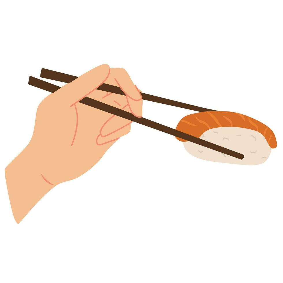 Hand hält ein Essstäbchen mit Sushi Sashimi Illustration vektor