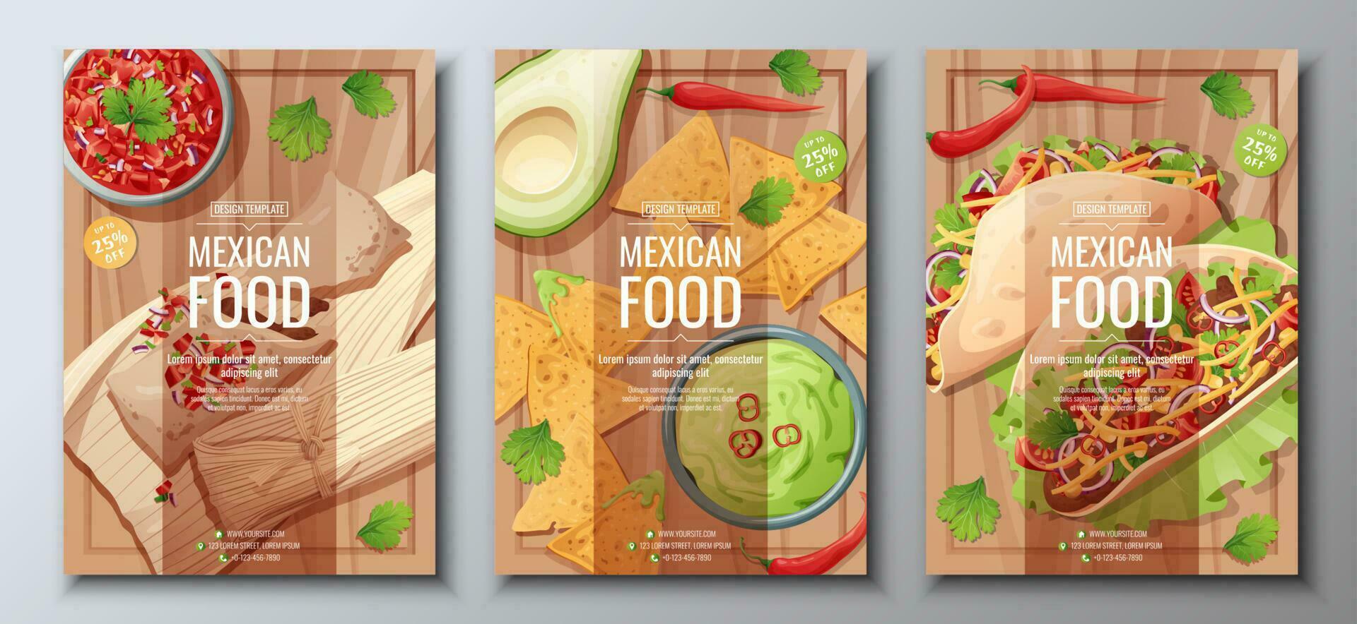 Mexikaner Essen Flyer einstellen auf hölzern Hintergrund. Tamales, Nachos, Tacos. Banner, Speisekarte, Poster, Werbung von traditionell Mexikaner Essen vektor