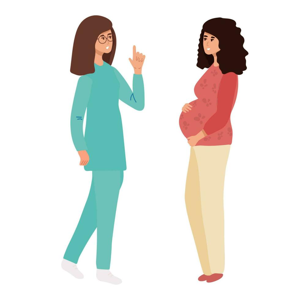 gravid kvinna på de läkare s utnämning. en kvinna förväntar sig en bebis besök en läkare s kontor, undersökning under graviditet. platt vektor illustration i tecknad serie design.