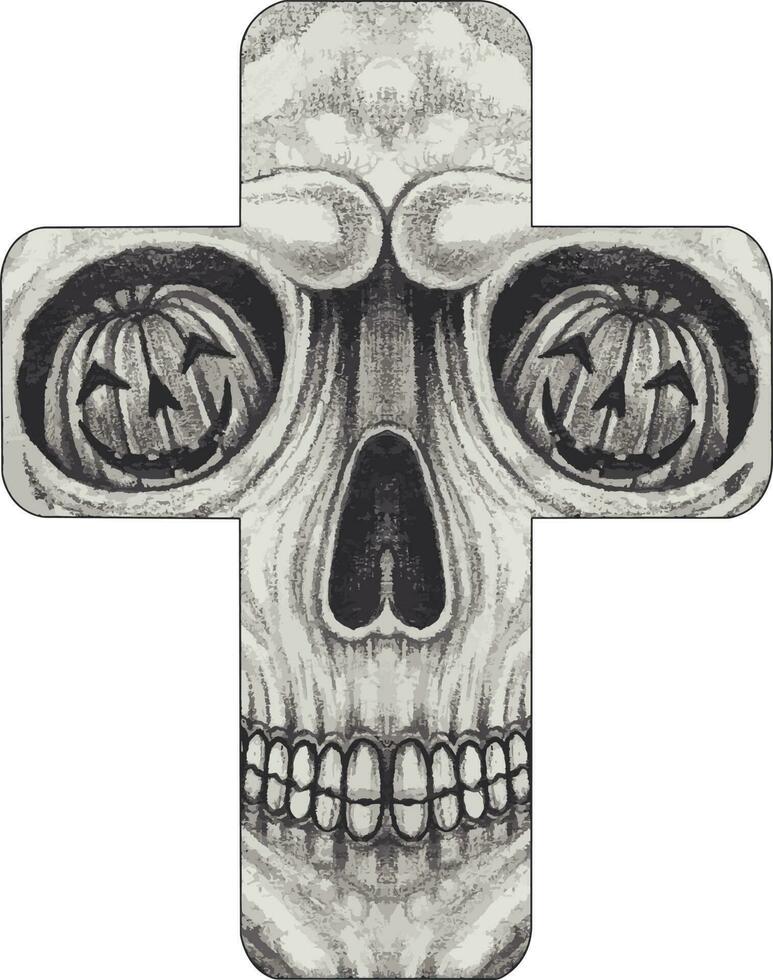 Kunst ausgefallenes Totenkopfkreuz. handzeichnung und grafikvektor machen. vektor