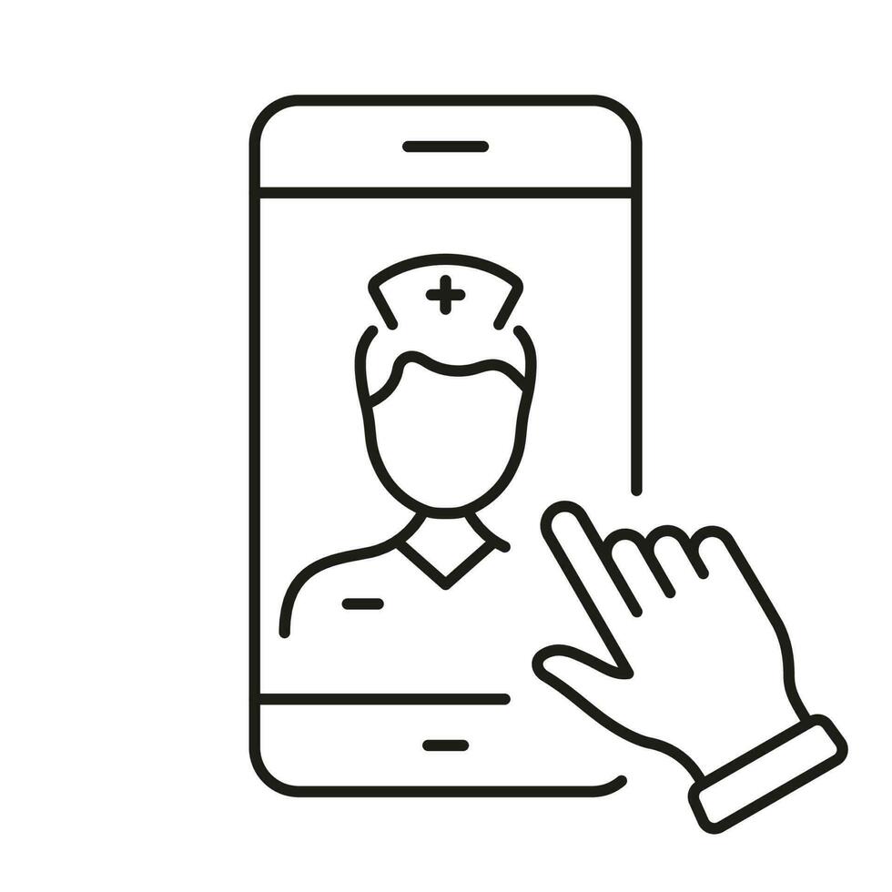 läkare uppkopplad samråd. avlägsen virtuell läkare man piktogram. läkarbesök service i smartphone linje ikon. sjukvård i mobil telefon översikt symbol. redigerbar stroke. isolerat vektor illustration.