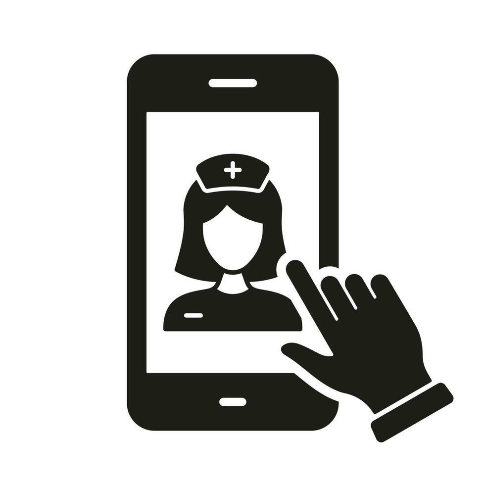 para medicinsk service i smartphone glyf ikon. läkare uppkopplad samråd. sjukvård i mobil telefon silhuett symbol. avlägsen virtuell läkare kvinna piktogram. isolerat vektor illustration.