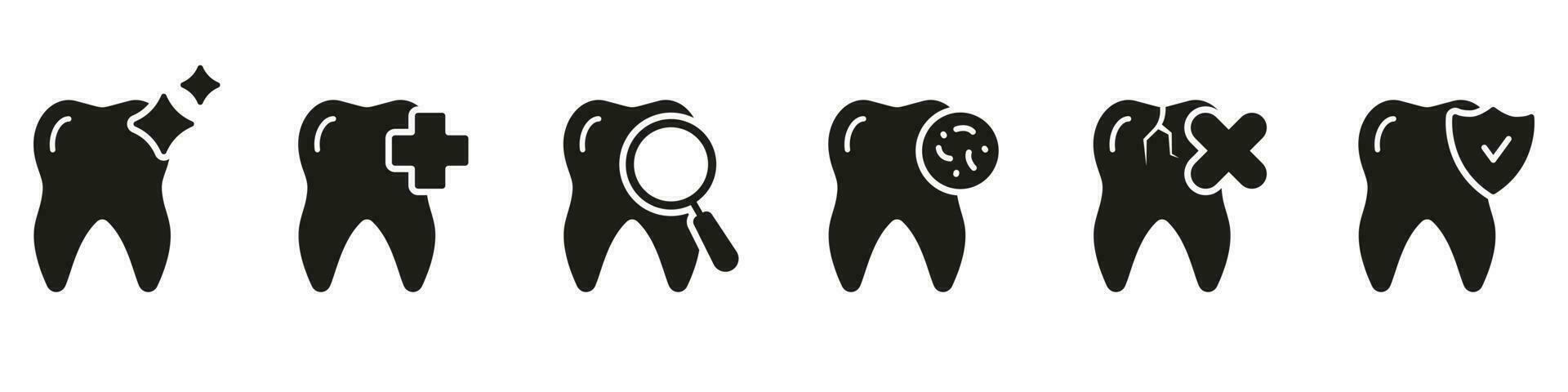 Dental Schutz Silhouette Symbol Satz. Zahn Gesundheit Untersuchung und Diagnose Glyphe Piktogramm. Zähne Bleaching Verfahren. Dental Behandlung solide unterzeichnen. Zahnheilkunde Symbol. isoliert Vektor Illustration.