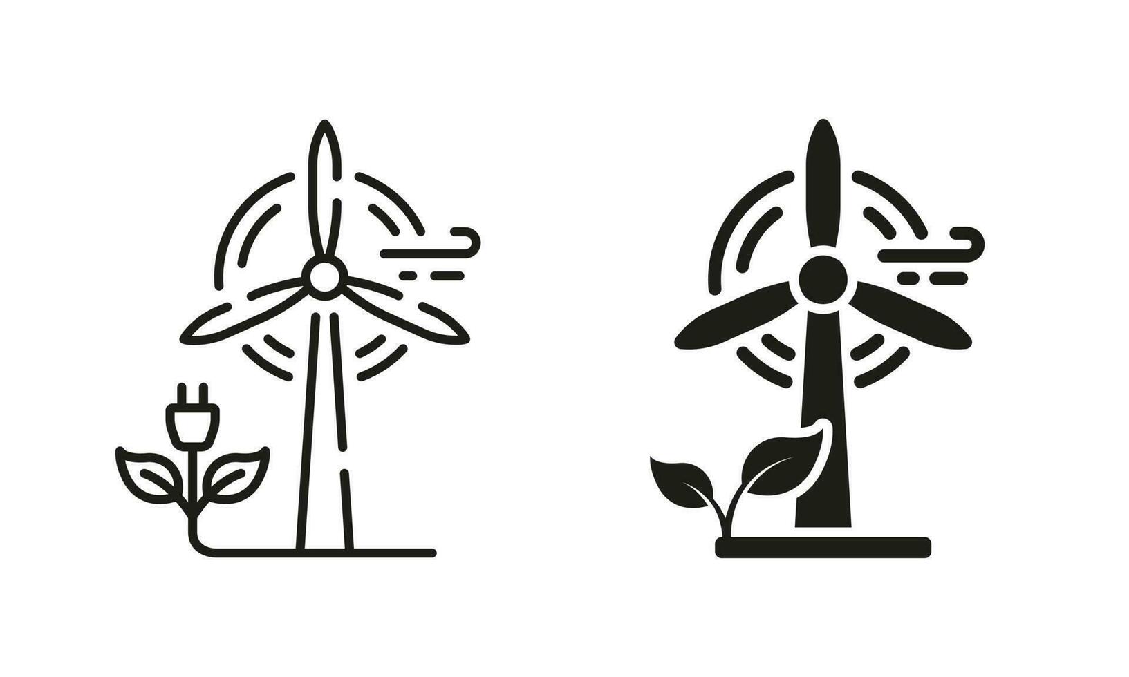 Ökologie Windmühle Linie und Silhouette Symbol Satz. Öko verlängerbar Grün Energie Piktogramm. Wind Mühle Bauernhof elektrisch Leistung Symbol Sammlung auf Weiß Hintergrund. isoliert Vektor Illustration.