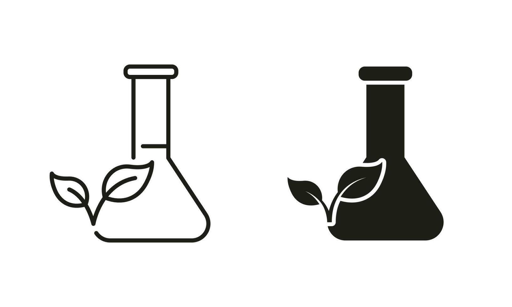 Flasche mit Blatt Linie und Silhouette Symbol Satz. Biologie Forschung Experiment. Ausrüstung zum chemisch Symbol Sammlung auf Weiß Hintergrund. organisch wissenschaftlich Labor. isoliert Vektor Illustration.