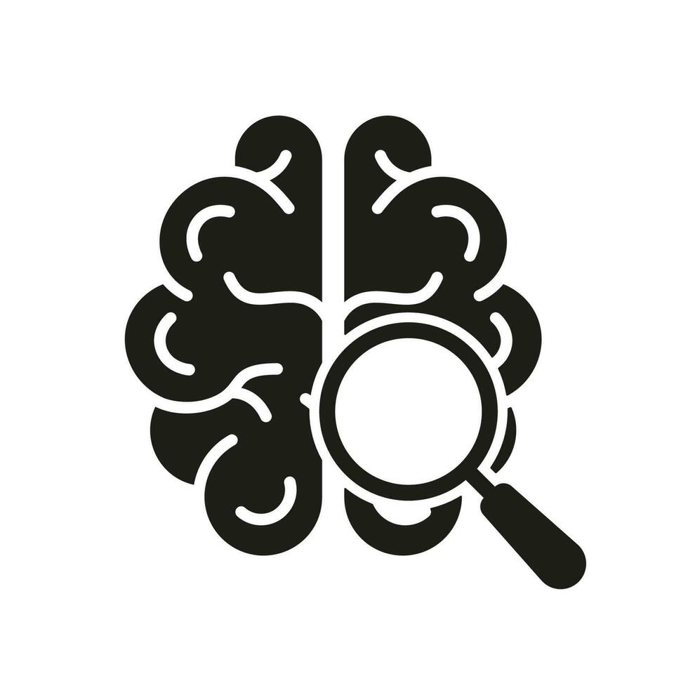 Mensch Verstand Forschung solide Piktogramm. Gehirn mit Lupe schwarz Silhouette Symbol. Neurologie Wissenschaft Erkundung Glyphe Symbol auf Weiß Hintergrund. isoliert Vektor Illustration.