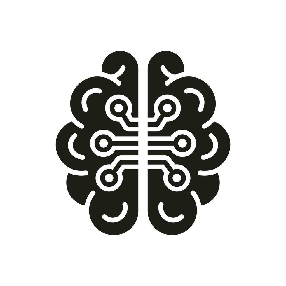 Technik Wissenschaft Silhouette Piktogramm. Mensch Gehirn und Digital Technologie schwarz solide Symbol. Neurologie und künstlich Intelligenz Glyphe Symbol auf Weiß Hintergrund. isoliert Vektor Illustration.