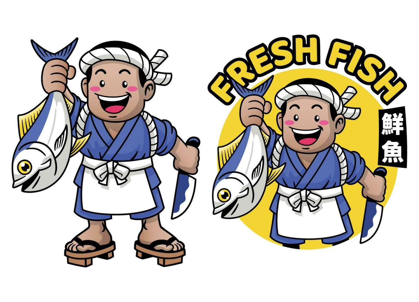 glücklich Karikatur Japan Fischhändler Show seine groß Fisch vektor
