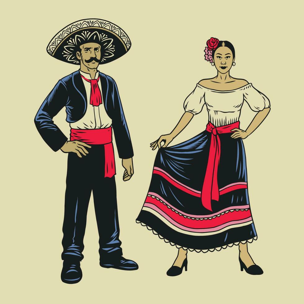 Jahrgang Hand gezeichnet von Paar traditionell Mexikaner vektor