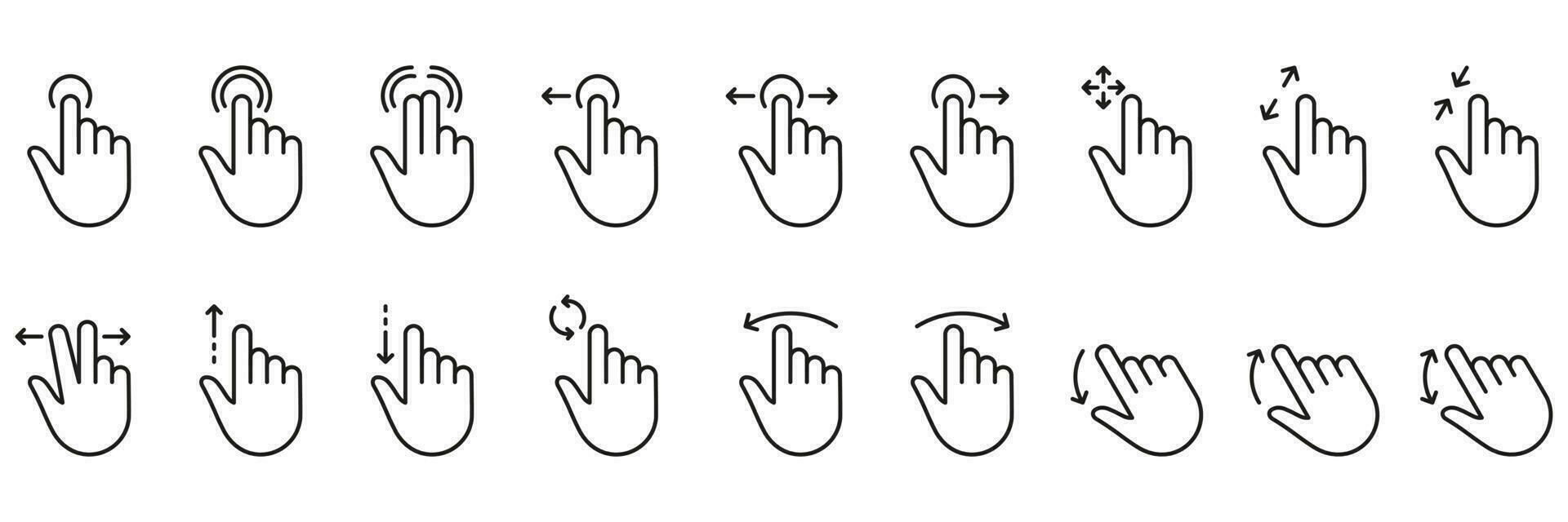 Hand Finger berühren, wischen und ziehen Gliederung Symbol Satz. Prise Bildschirm, drehen oben Nieder auf Bildschirm Linie unterzeichnen. Geste rutschen links und richtig linear Piktogramm. editierbar Schlaganfall. isoliert Vektor Illustration.