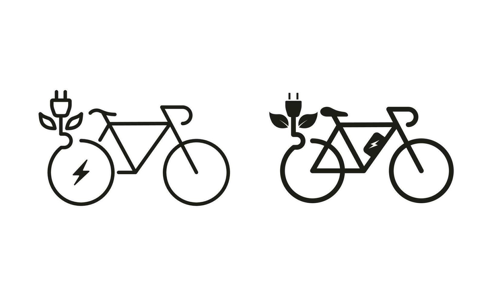 ekologi cykel på elektrisk kraft med plugg och blad linje och silhuett ikon uppsättning. eco elektricitet stad transport. grön energi cykel symbol samling. isolerat vektor illustration.