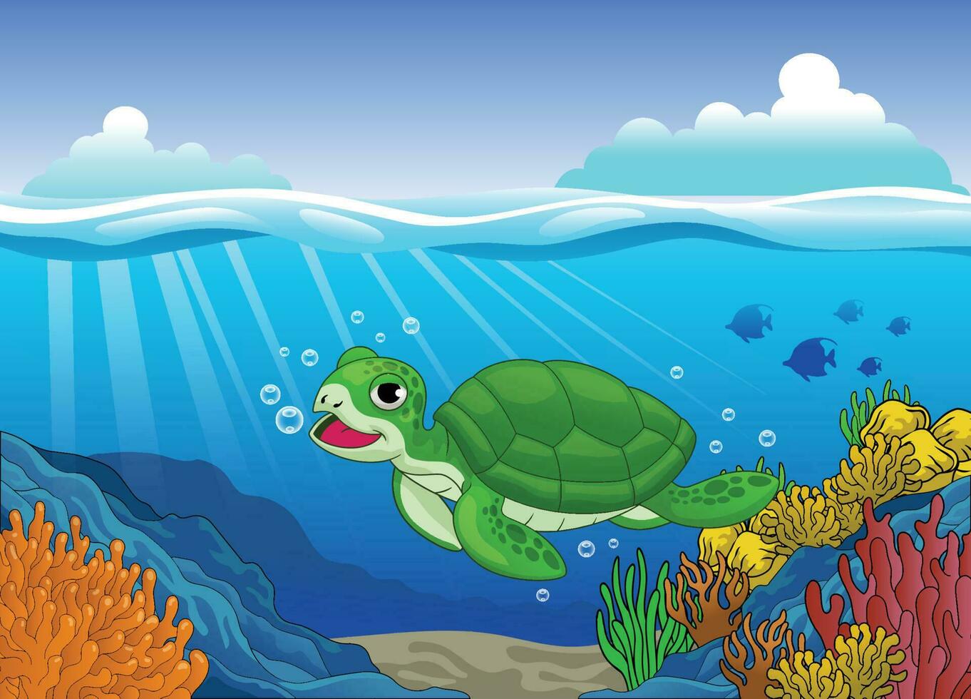 söt tecknad serie sköldpadda simning i korall rev vektor