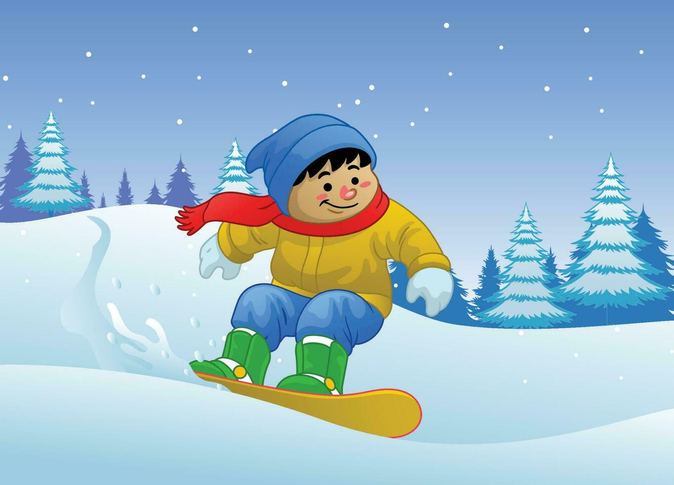 Karikatur Junge spielen Snowboard im das Winter vektor