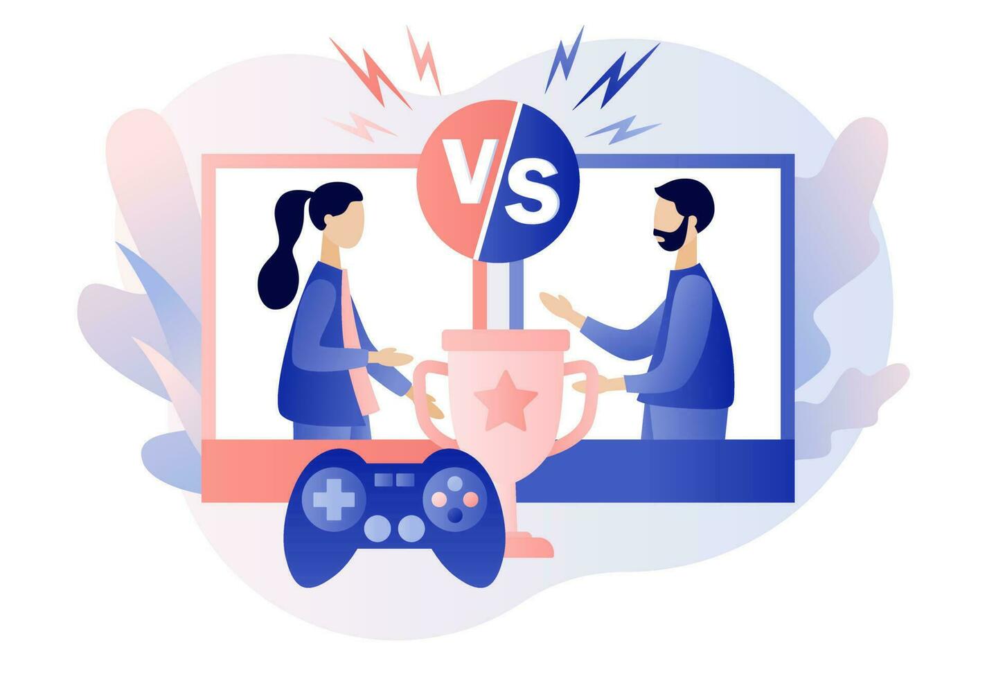 E-Sport und Cybersport Konzept. Fachmann Spieler beim Video Spiel online Turnier im Wettbewerb zum Trophäe. vs. modern eben Karikatur Stil. Vektor Illustration auf Weiß Hintergrund