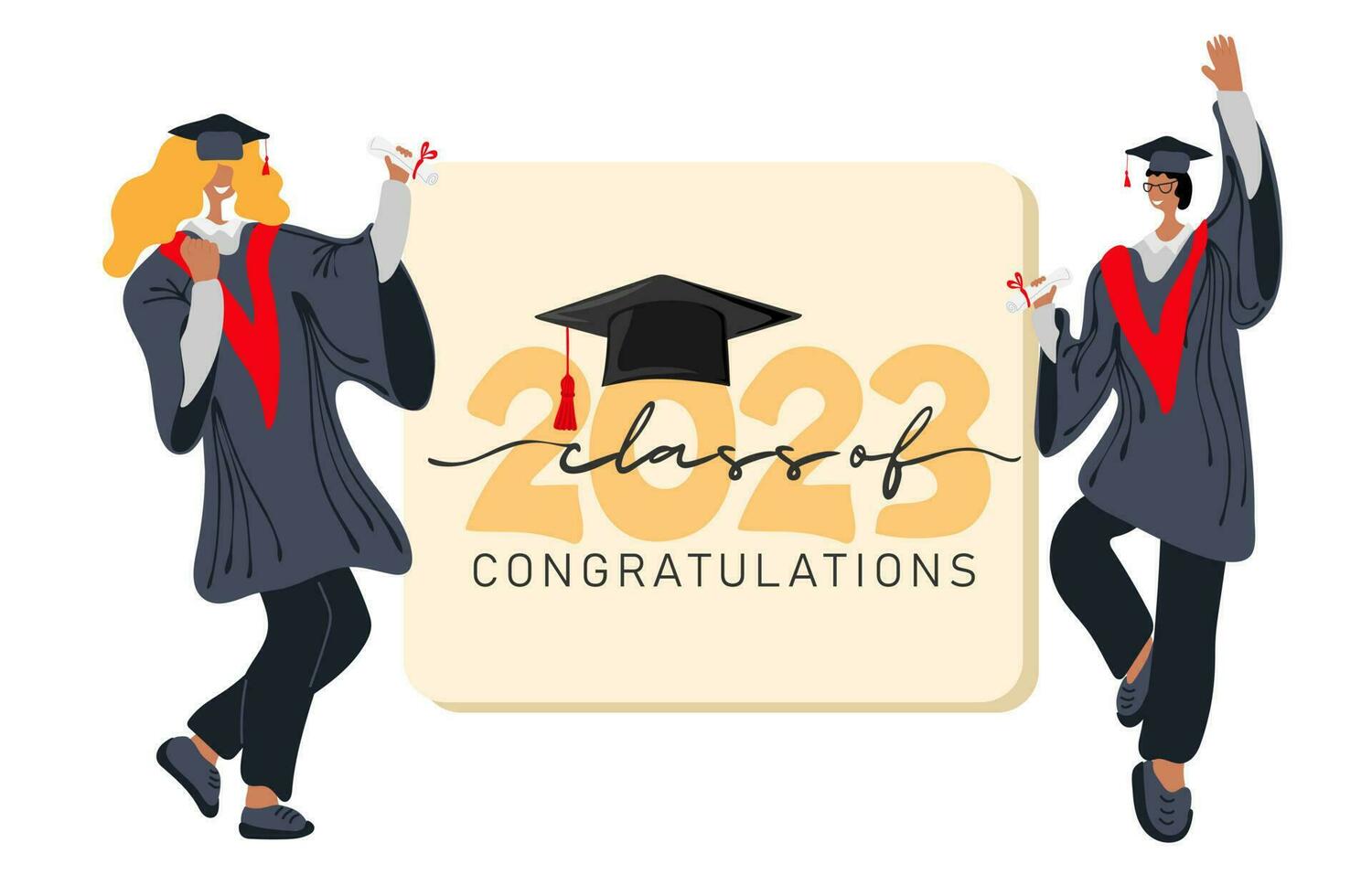 Klasse von 2023. glücklich vielfältig Absolventen Tanzen im akademisch Kleid, Abschluss Kappen, halten Diplom vektor